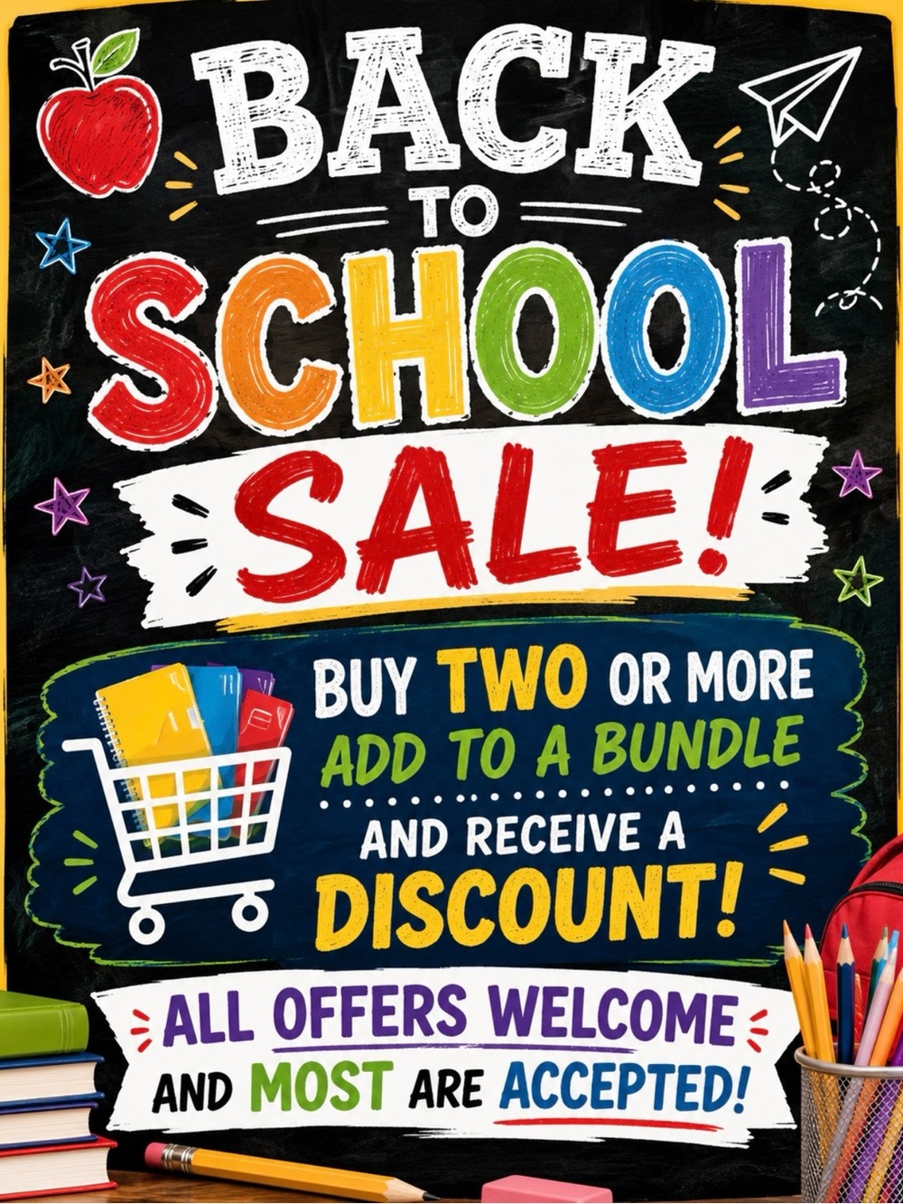 Back to School Sale Poster - Bright Multicolor Chalkboard Design